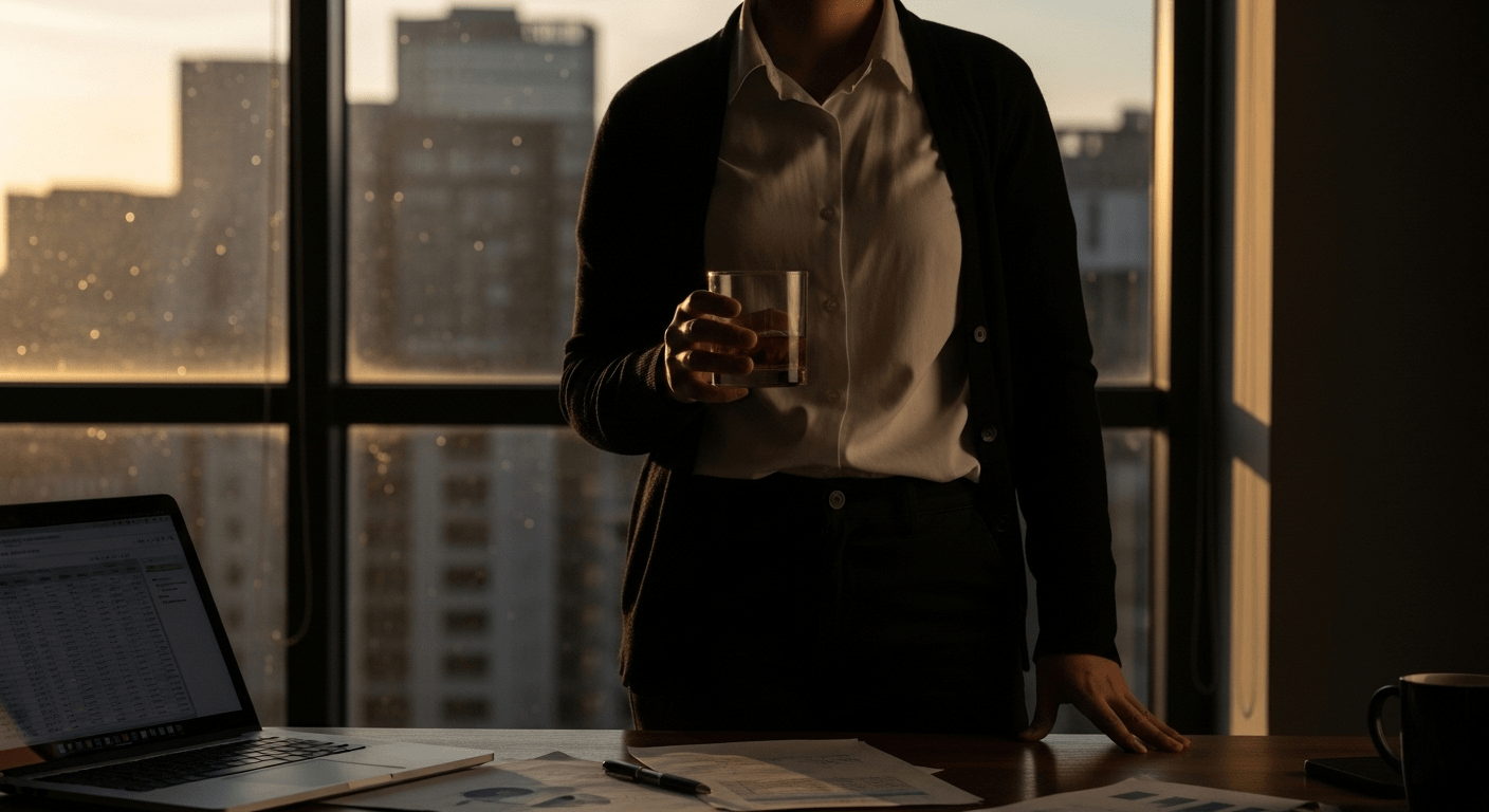 man sitting alone with drink at home after work