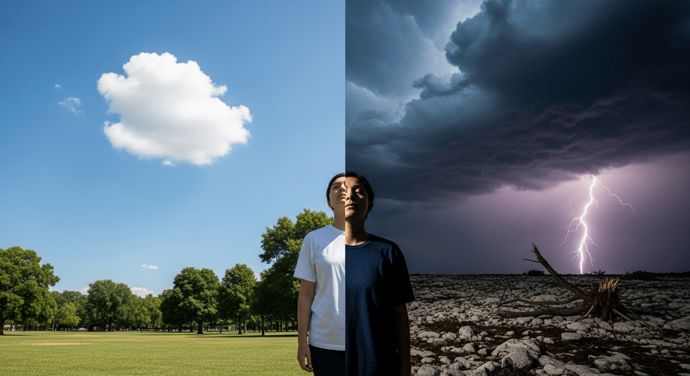 Person between light and shadow representing mood shifts and bipolar disorder