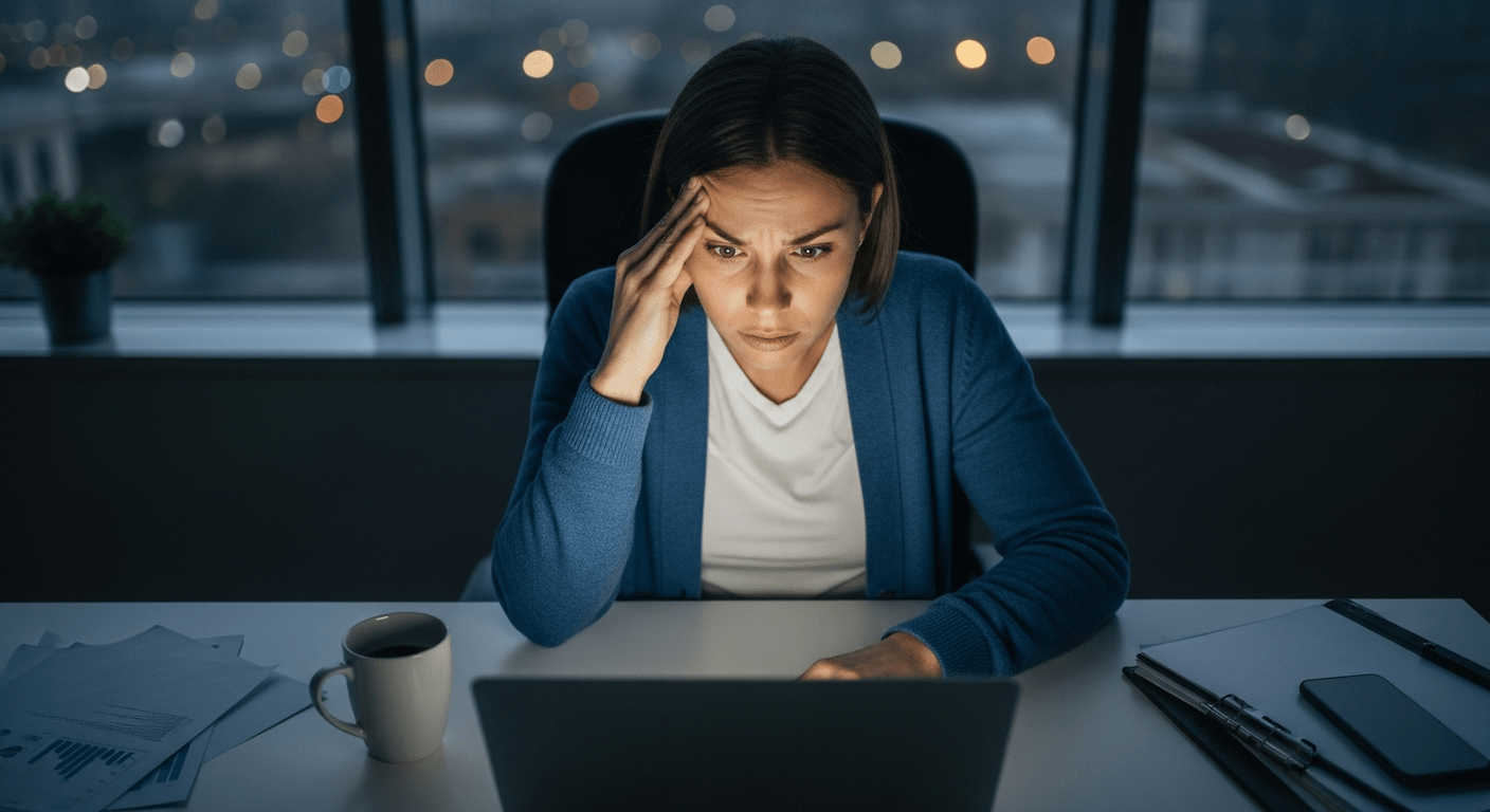 Person sitting at a desk with a calm face but cluttered mind, symbolizing hidden anxiety