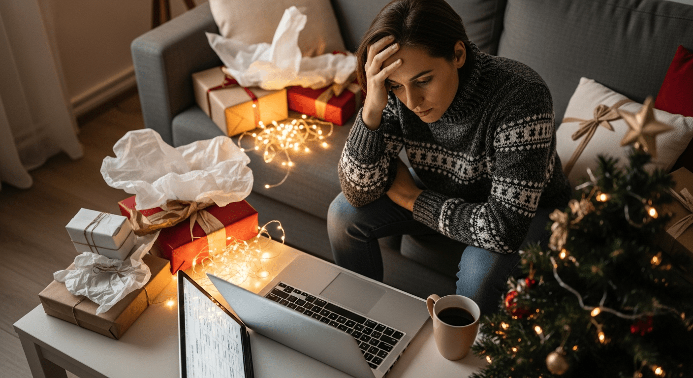 Person sitting on a couch with a holiday background, looking reflective and peaceful