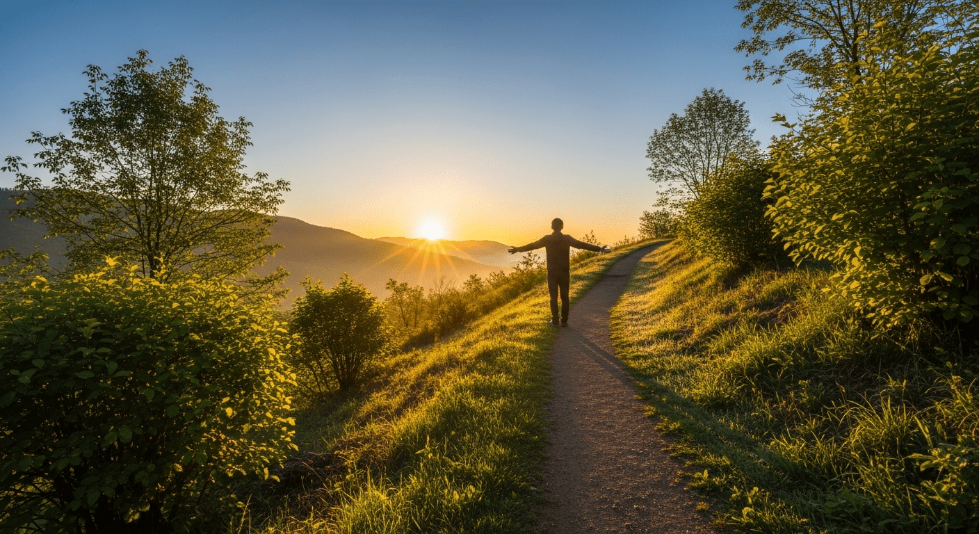 Person holding a calendar turned to January while standing by a sunrise